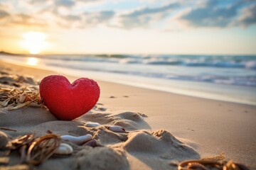 Red heart on the beach floor at sunset. Valentines day.