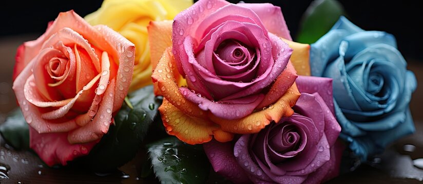Arrangement of roses in various colors adorned with moisture droplets Pattern resembling flowers