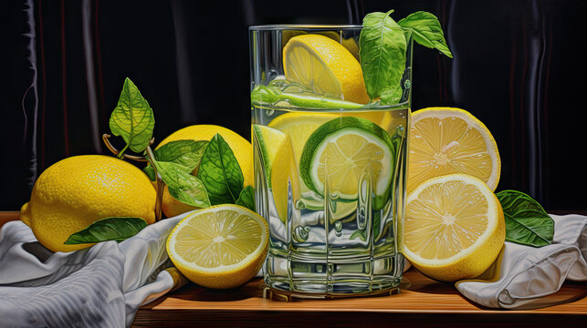  a painting of lemons and limes in a glass.  generative ai