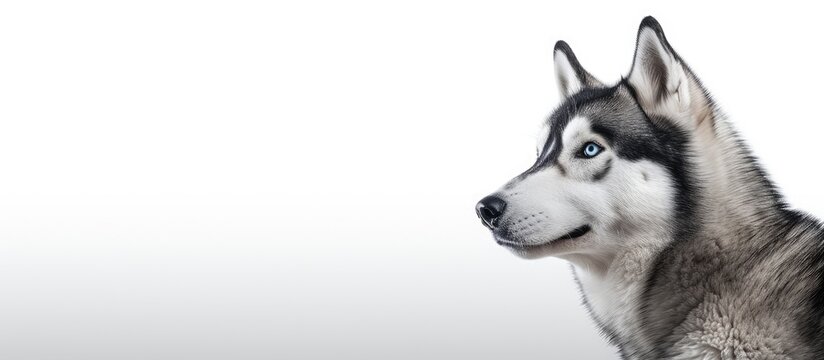 A Siberian husky s portrait captured against a plain white backdrop
