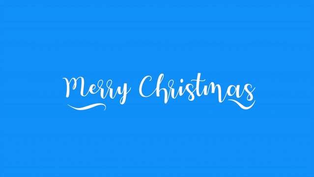 Merry Christmas text with white brush on blue background, motion holidays and art style background for New Year and Merry Christmas