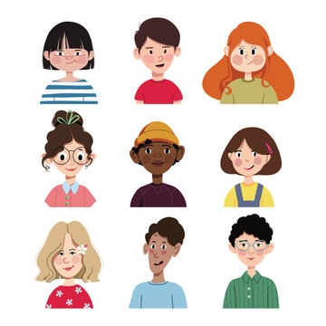 Set of children's avatars. Smiling faces of little kid boys and girls of different ethnicities. Cartoon characters. Vector illustration isolated on a white background.