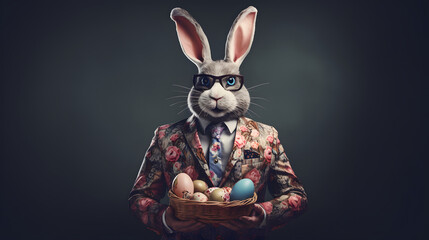 Abstract, modern, Easter bunny standing and posing as a human with eggs basket. Trendy modern hipsters, animals in fashion suits.