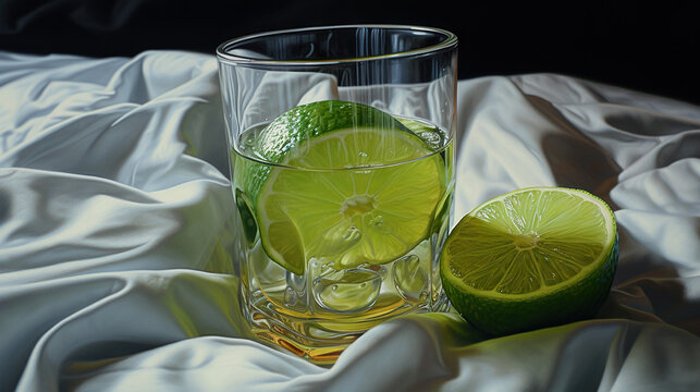  a glass of water with a lime and a slice of lime.  generative ai