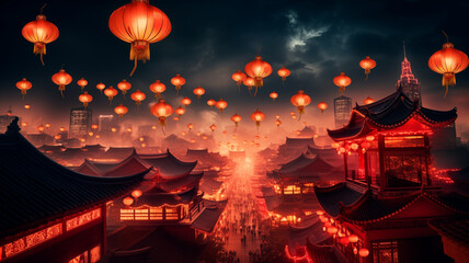 Street view at night with red lanterns for Chinese new year celebration. Traditional red Chinese...