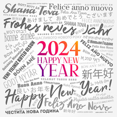 2024 Happy New Year in different languages, celebration word cloud greeting card