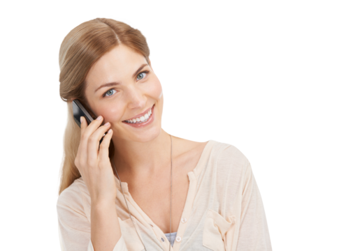 Phone call, talking and portrait of woman online for conversation on png and transparent background. Communication, networking and isolated person on cellphone for chatting, contact and connection