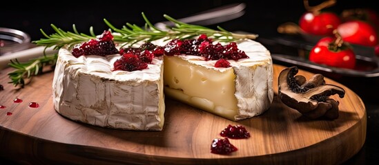 Naklejka na ściany i meble An appetizing plate of Fresh Brie cheese combined with truffle and barberry jelly served alongside a delectable dish of red wine champignons mushrooms and truffle oil on the restaurant table