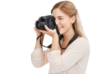 Happy, photographer and woman with a camera, creative and tourism isolated on a transparent background. Person, model or photography with equipment, artistic and memory with png, happiness or picture