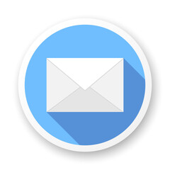 Envelope long shadow icon. White flat illustration on blue background. Best for print, business cards, mobile apps, social media and web design.