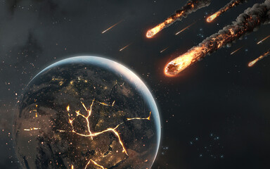 3D illustration of Earth planet destruction and explosion. Science fiction 5K visualization. High quality realistic render.