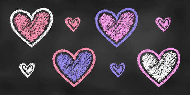 Set of Design Elements Hearts of Different Colors Isolated on Chalkboard. Realistic Chalk Drawn Sketch.