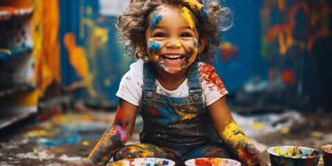 A Little girl covered in paint - obrazy, fototapety, plakaty