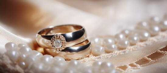 A pearl necklace accompanying wedding bands