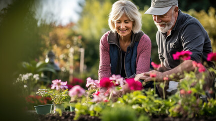 An elderly couple joyfully tends to their vibrant garden, surrounded by blooming flowers and lush greenery.