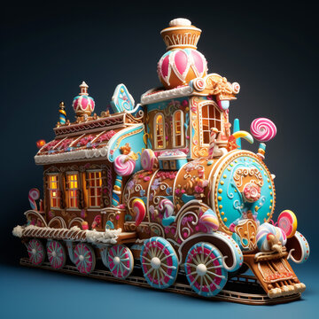 
Christmas Gingerbread Train, Fantasy, Put train on the train decorated with lots of candy, Candy tree forest. with a VERY Sunny and bright blue sky,