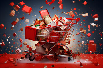 supermarket trolley, sale purchase, creative idea shopping, Valentine's Day gifts, package delivery box, Shopping cart filled, different presents, many gift boxes, online stores concept, online