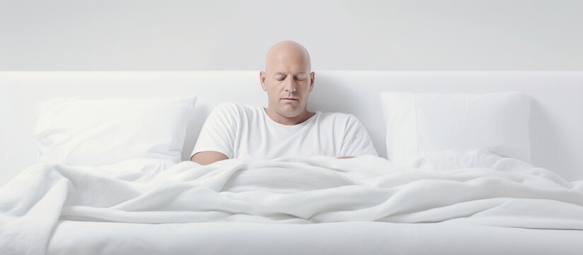A man rest, lying down, sleeping in white bed at home. AI generated image