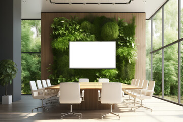 Eco-friendly meeting room with blank screen for presentations and greenery
