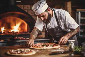 A Male chef makes pizza in a restaurant
