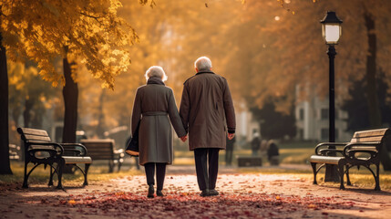 An elderly couple walks hand-in-hand through a serene park, bathed in golden autumn sunlight, surrounded by vibrant trees and fallen leaves. - obrazy, fototapety, plakaty