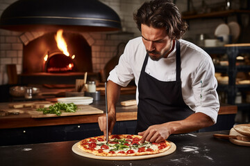 A Male chef makes pizza in a restaurant