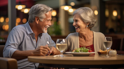 An elderly couple shares a heartfelt moment over dinner, laughing and connecting amidst the warm ambiance of a candlelit restaurant.