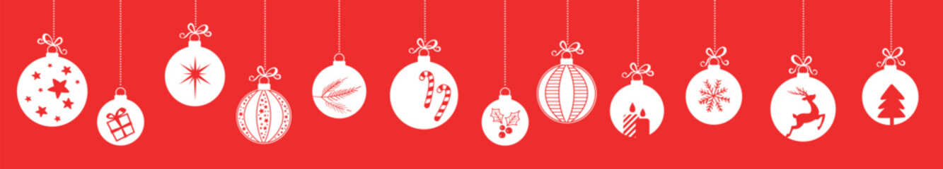 Hanging baubles with christmas greeting text. Vector seamless garland.
