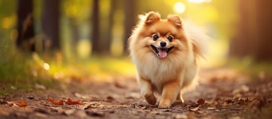 An adult Pomeranian spitz dog playing outside on a walk and smiling