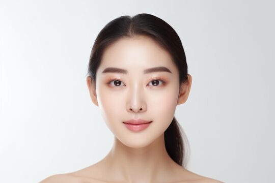 Portrait of a beautiful asian woman with clean fresh skin on white background