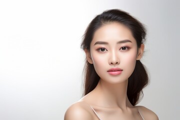 Beautiful asian woman with clean fresh skin on white background with copy space