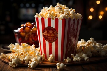 The striped cup cradles a heap of fluffy popcorn, the ideal companion for any film enthusiast's snack selection