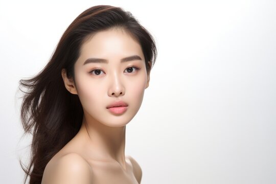 Beautiful asian woman with clean fresh skin on white background with copy space