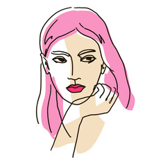 line drawing with color shapes woman face. Cute female linear portrait. Outline  woman avatar