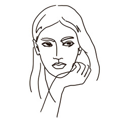 line drawing of woman face. Cute female linear portrait. Outline  woman avatar