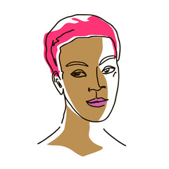 line drawing with color shapes woman face. Cute female linear portrait. Outline  woman avatar