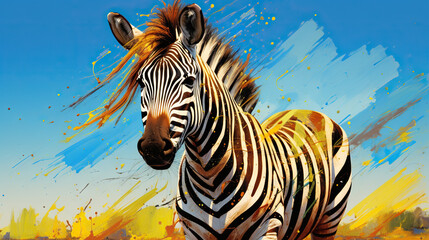 Fototapeta na wymiar a painting of a zebra standing in a field of grass. generative ai