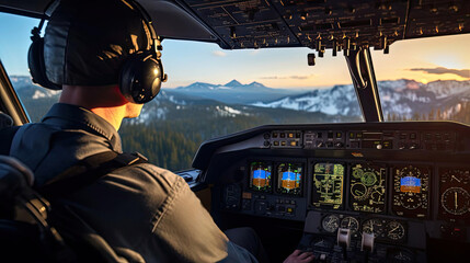 Small aircraft pilot at the controls of an aircraft - obrazy, fototapety, plakaty