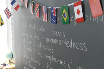 Close-up of blackboard with flags of different countries in the classroom at school