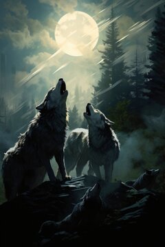 A watercolor tableau reveals wolves roaming the forest, their fur bathed in the light of a full moon.