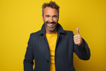 portrait of a young man waving in front of a yellow background  - obrazy, fototapety, plakaty