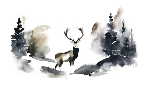 Watercolour illustration of deer in a forest 
