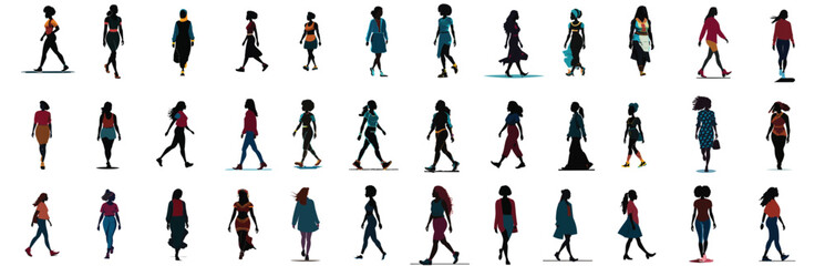 Multiracial Business women collection. Vector illustration of diverse multinational standing, walking cartoon women different races, ages, body types in office outfits. Isolated on white background.