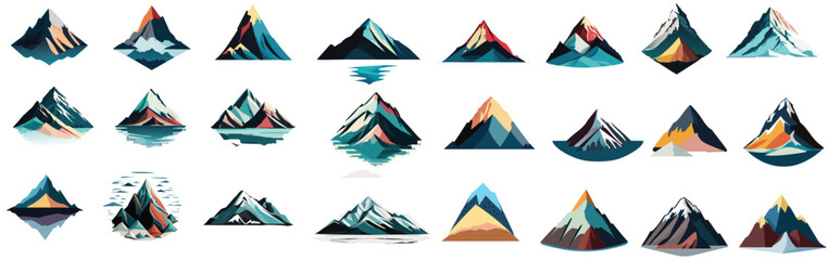 Vector set of isolated snowy mountains, mountain peak, hill top, iceberg, nature landscape. Camping landscape and hiking illustration. Outdoor travel, adventure, tourism, climbing design elements - obrazy, fototapety, plakaty