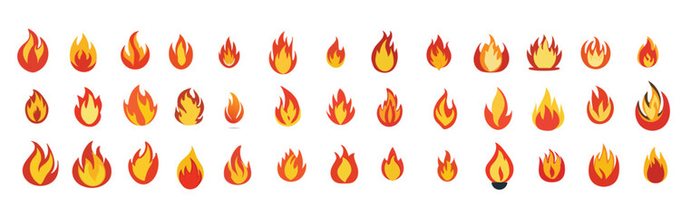Cartoon campfire. Fire flames, bright fireball, heat wildfire and red hot bonfire, campfire, red fiery flames isolated vector illustration set. Animated form and square, fireball and flame - obrazy, fototapety, plakaty