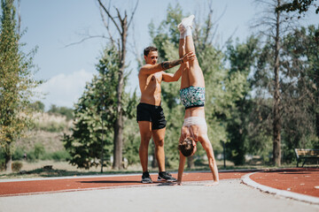 Obraz premium Active couple practices handstands in a sunny park, showcasing fit bodies and strong muscles. They enjoy outdoor training, embracing the natural environment and positive results of physical activity.