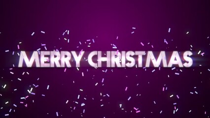 Modern Merry Christmas text with confetti on purple gradient, motion abstract minimalism, holidays and winter style background