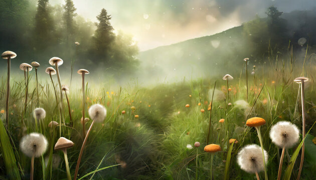 Magical meadow in a forest. Large dandelions and mushrooms in a dreamy world