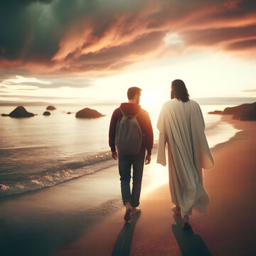 Jesus walking along with young man 