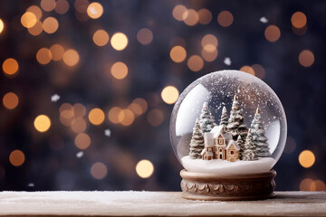 Fototapeta na wymiar Winter Snow Globe with Festive Christmas Village Standing on Wooden Table. Sparkling Snowflakes, Warm Dark Bokeh Lights, Blurred Background. AI Generative